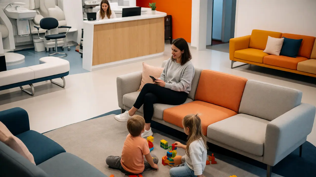 Matka čeká s dětmi v klidné čekárně specializované stomatologické kliniky