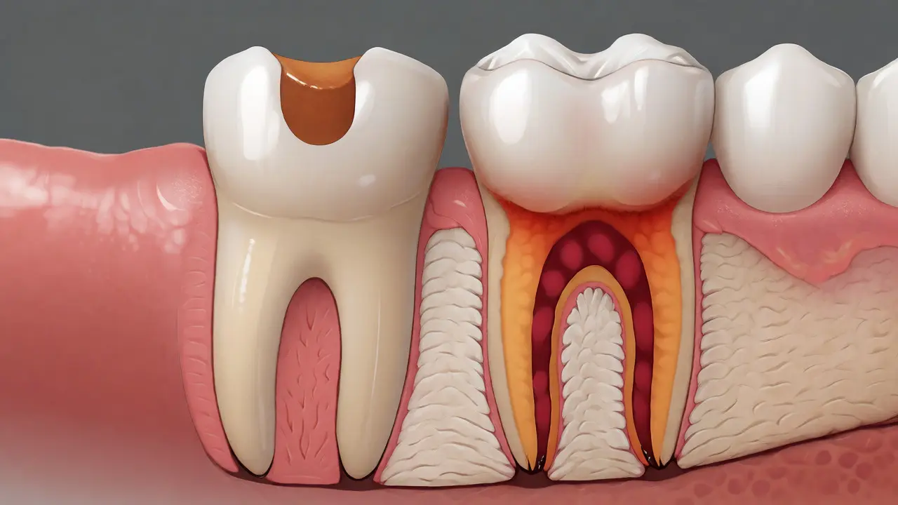 Medicínská ilustrace řezu zubem ukazující rozdíl mezi kazem a zánětem kořene
