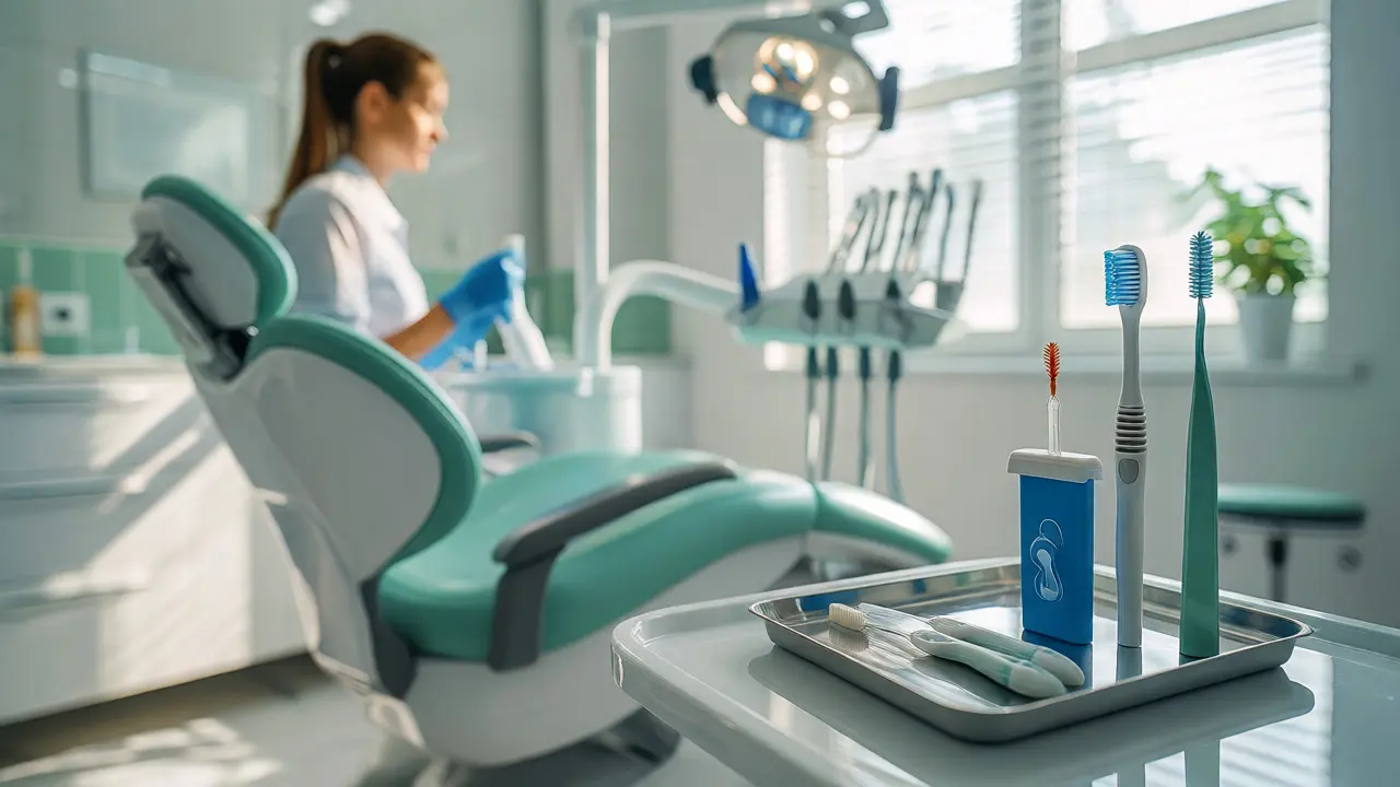 Moderní ordinace dentální hygieny s nástroji pro domácí péči o ústní dutinu.