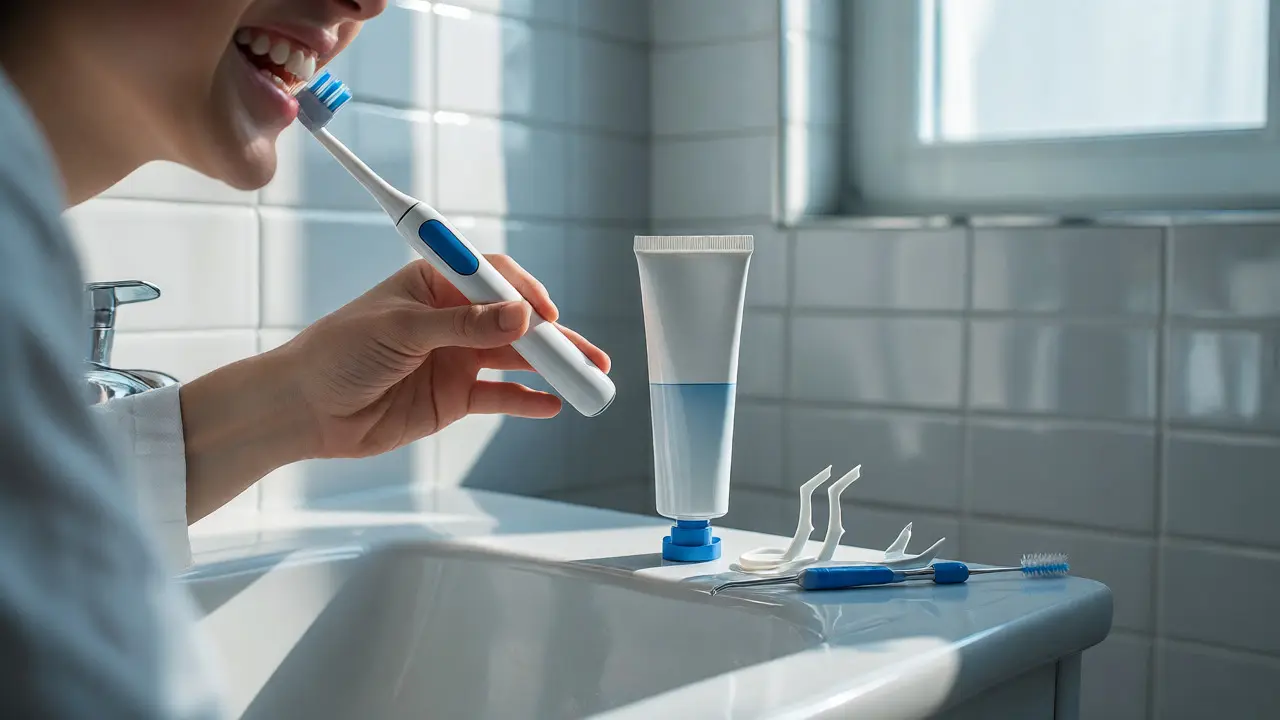 Osoba čistí zuby elektrickým kartáčkem s měkkými štětinami v koupelně