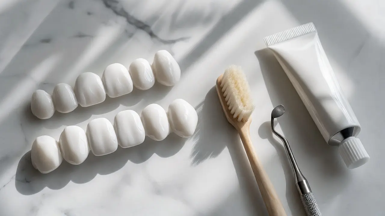 Porcelánové facety a pomůcky pro údržbu zubů