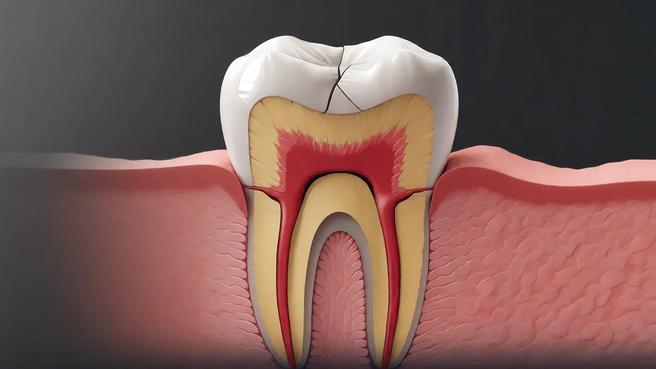 Řez zubem znázorňující vrstvy skloviny, dentinu a pulpy s prasklinou