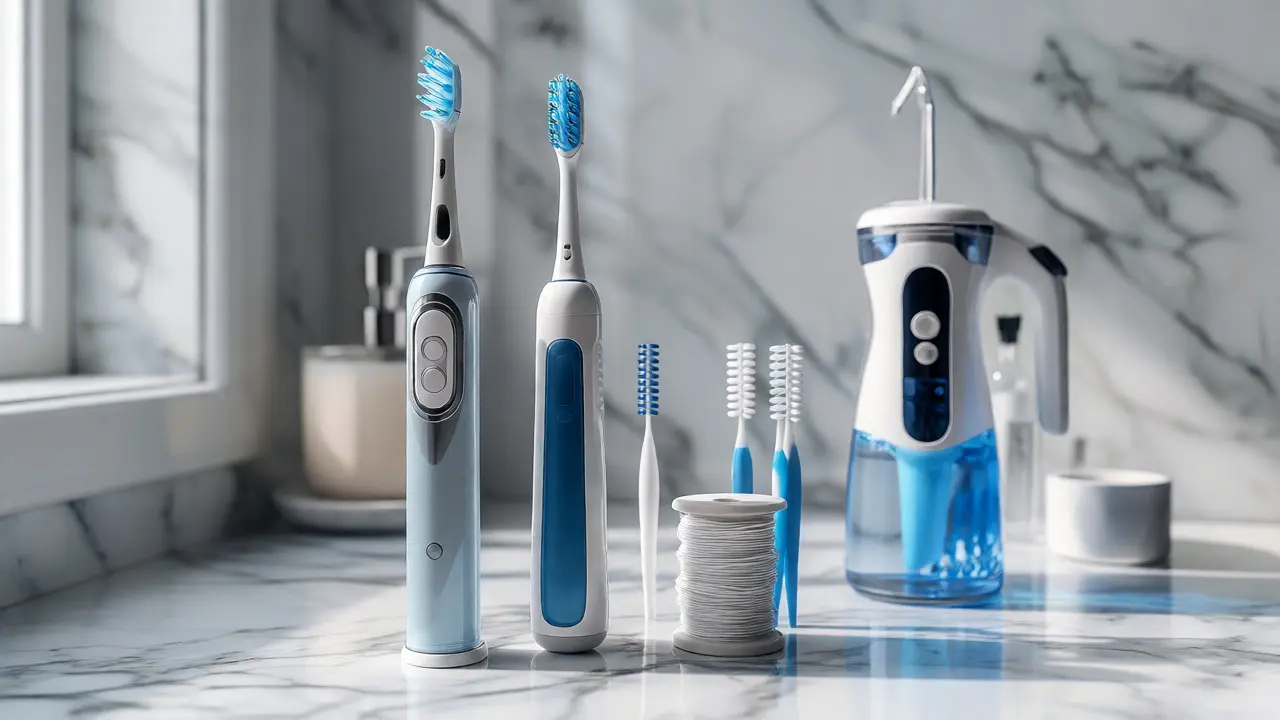 Sada nástrojů pro dentální hygienu na koupelnové poličce