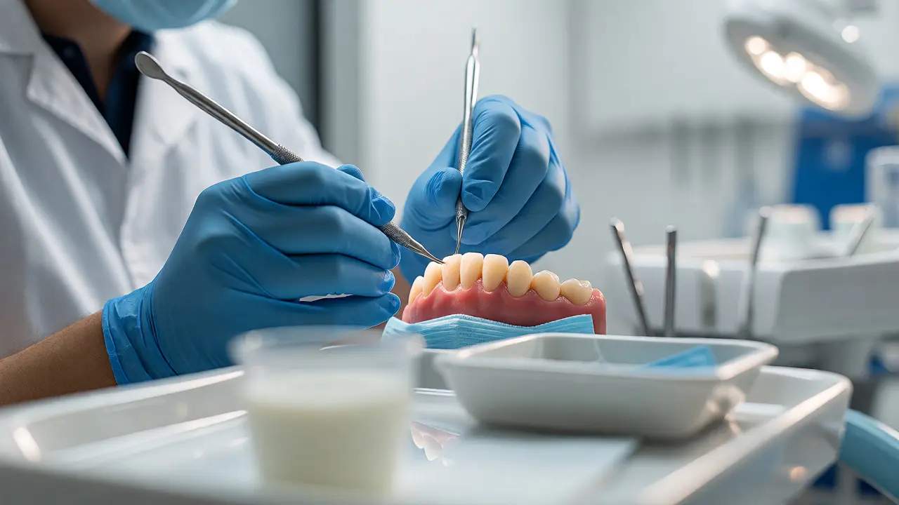Stomatolog aplikuje kompozitní materiál na zlomený zub v ordinaci