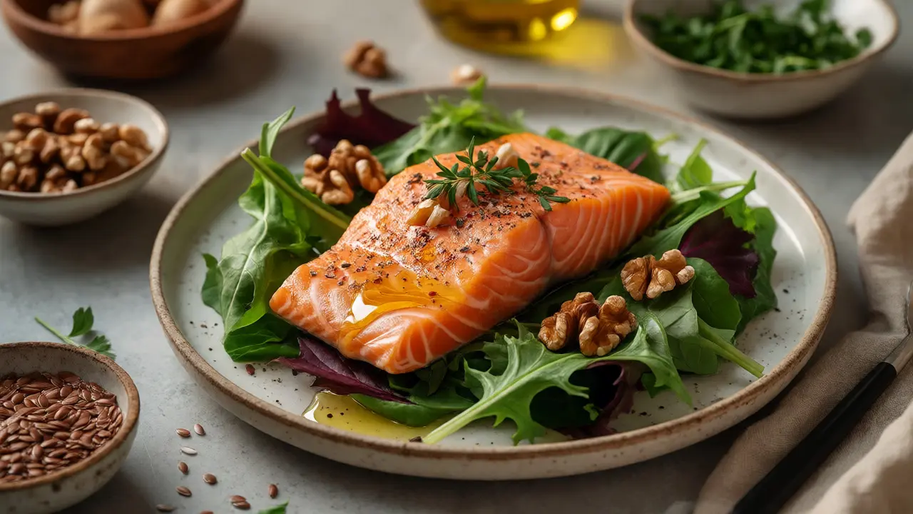 Zdravý oběd s lososem a ořechy pro omega-3 mastné kyseliny