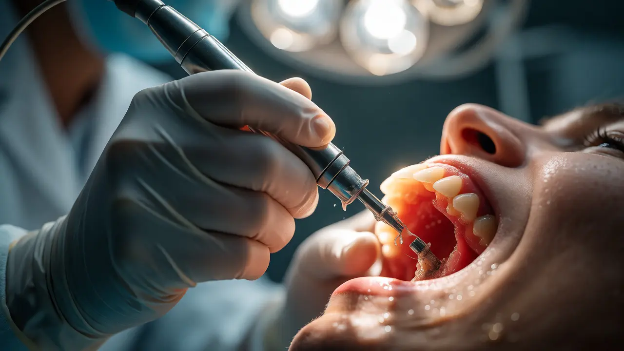 Zubní hygienista odstraňuje kámen z poddásňových kapes ultrazvukovým přístrojem
